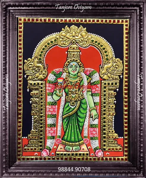 Goddess Madurai Meenakshi Tanjore painting standing parrot gold foil traditional temple artwork